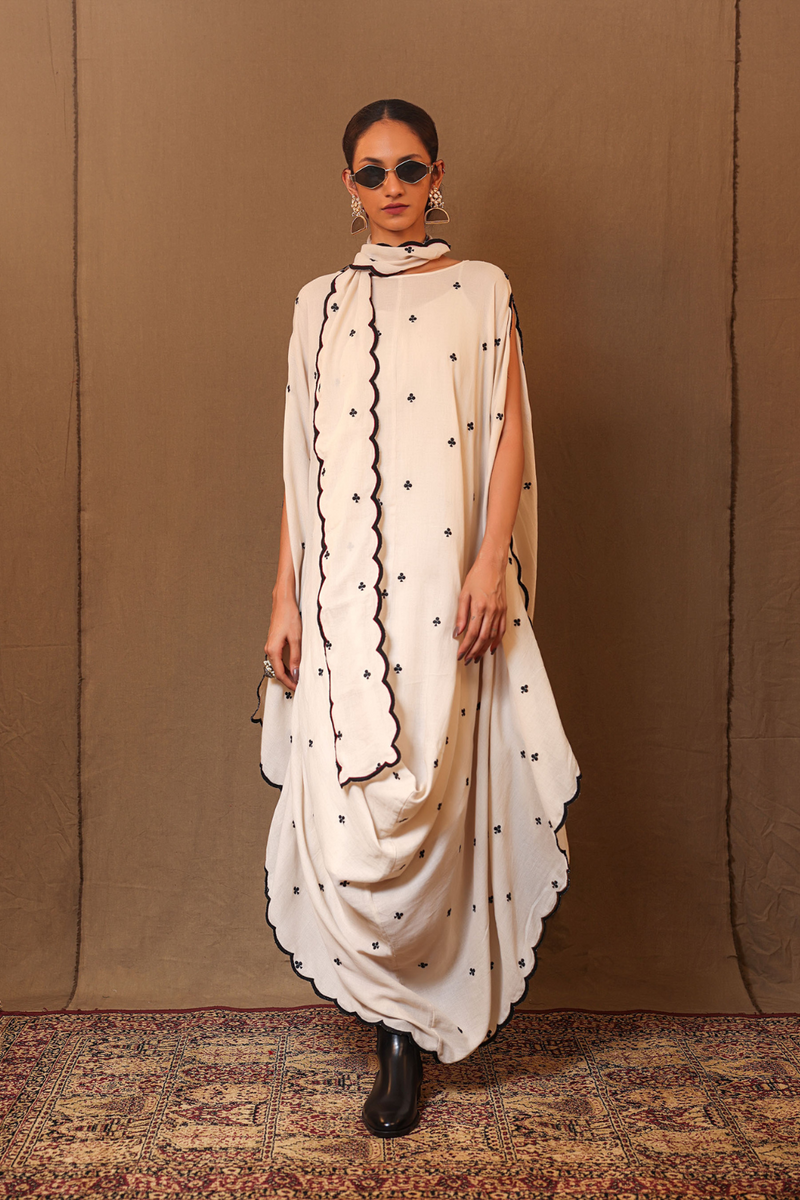 Off-White Black Club EMB Cowl Dress & Stole (3 PCS) 100% cotton by Mati in white color for women Worldwide
