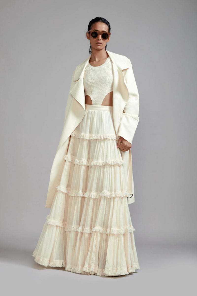 Off-White Bodysuit-Lehenga-Jacket Set (3 PCS) cotton Lehenga Sets by Mati in white color for women Worldwide