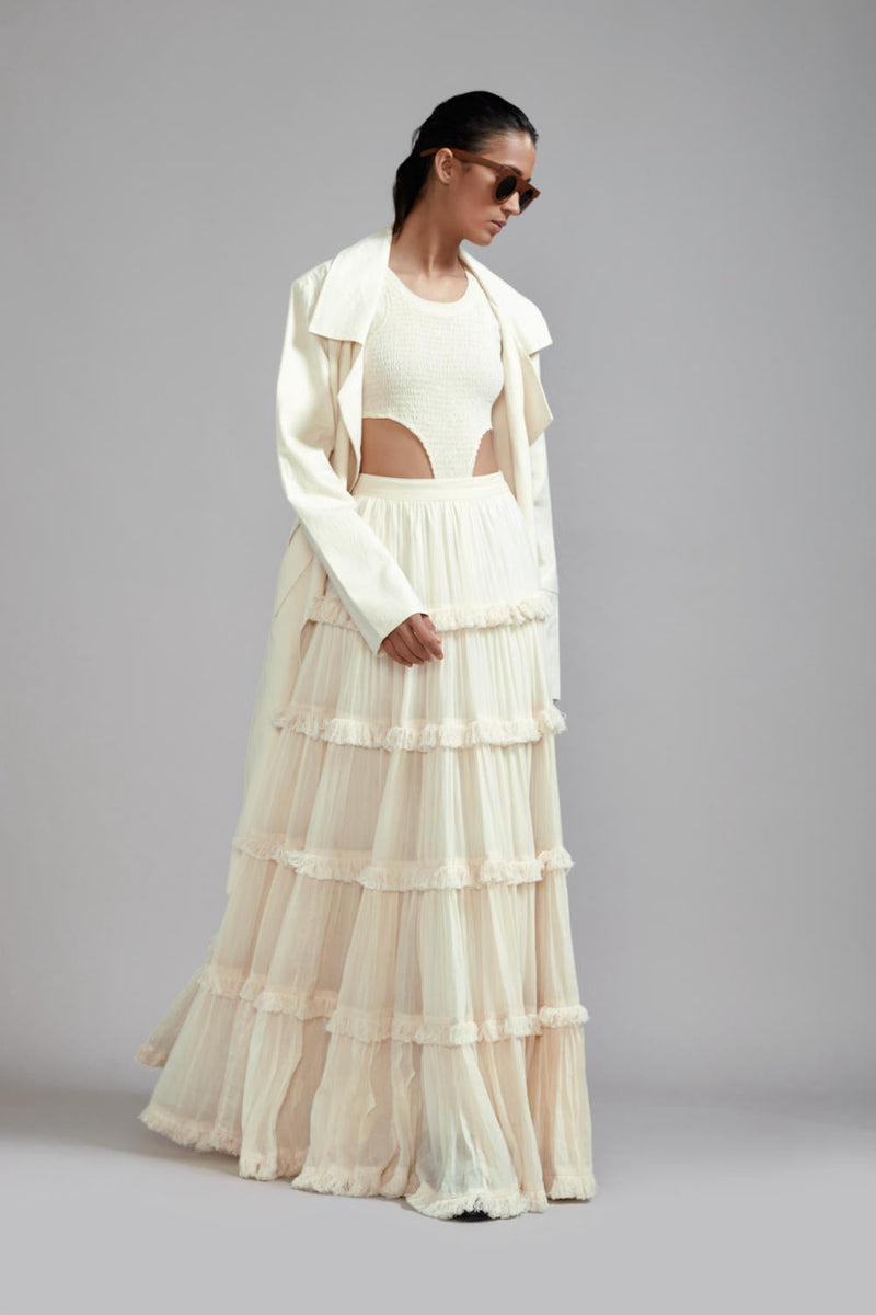 Off-White Bodysuit-Lehenga-Jacket Set (3 PCS) cotton Lehenga Sets by Mati in white color for women Worldwide