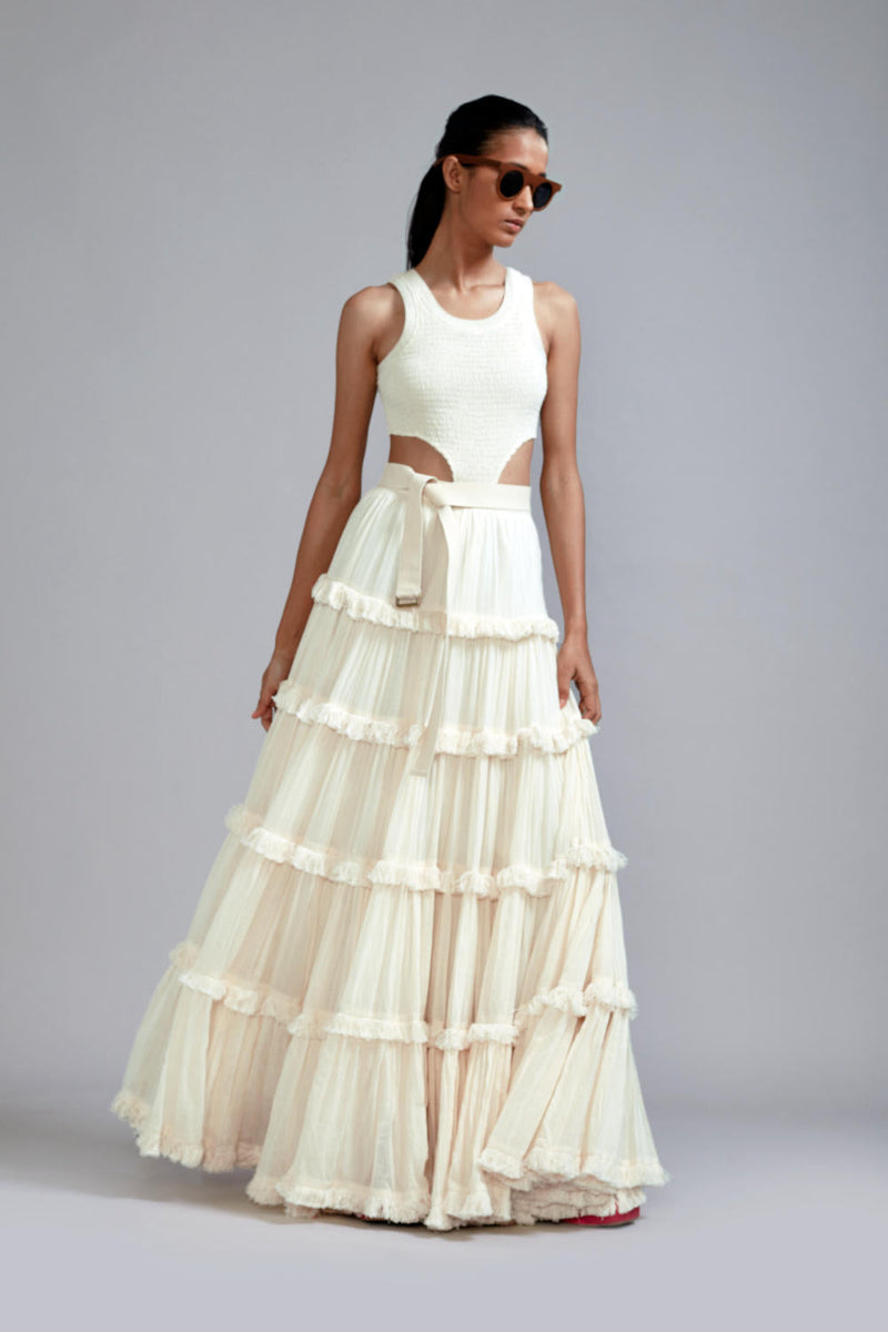 Off-White Bodysuit-Lehenga Set (2 PCS) cotton Lehenga Sets by Mati in white color for women Worldwide