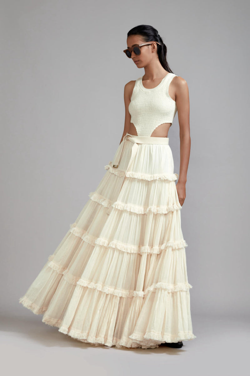 Off-White Bodysuit-Lehenga Set (2 PCS) cotton Lehenga Sets by Mati in white color for women Worldwide