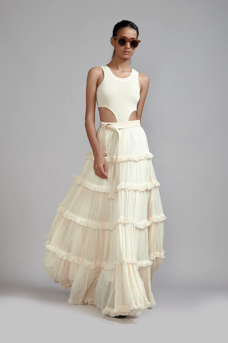 Off-White Bodysuit-Lehenga Set (2 PCS) cotton Lehenga Sets by Mati in white color for women Worldwide