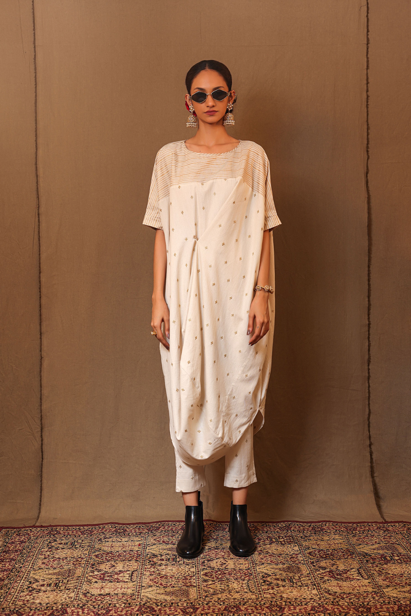 Off-White Club EMB Buttoned Cowl Tunic Set (2 PCS) 100% cotton by Mati in white color for women Worldwide