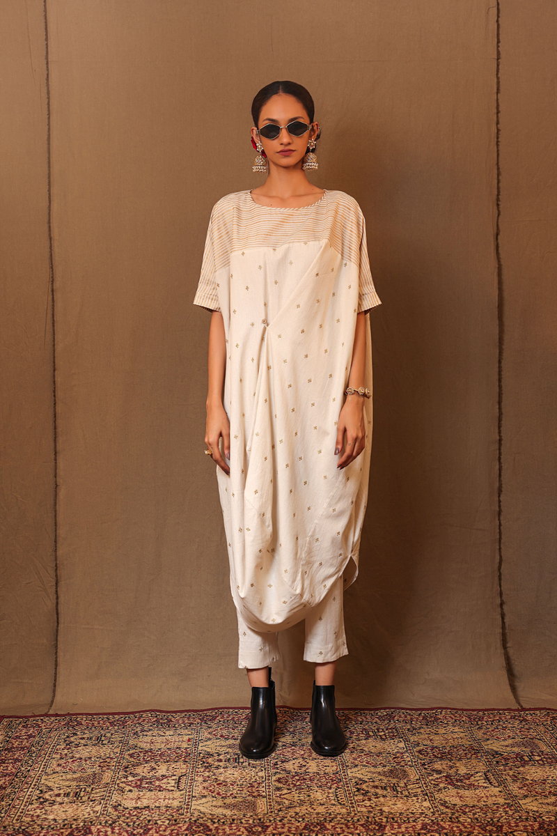 Off-White Club STR Button Cowl Tunic 100% cotton by Mati in white color for women Worldwide