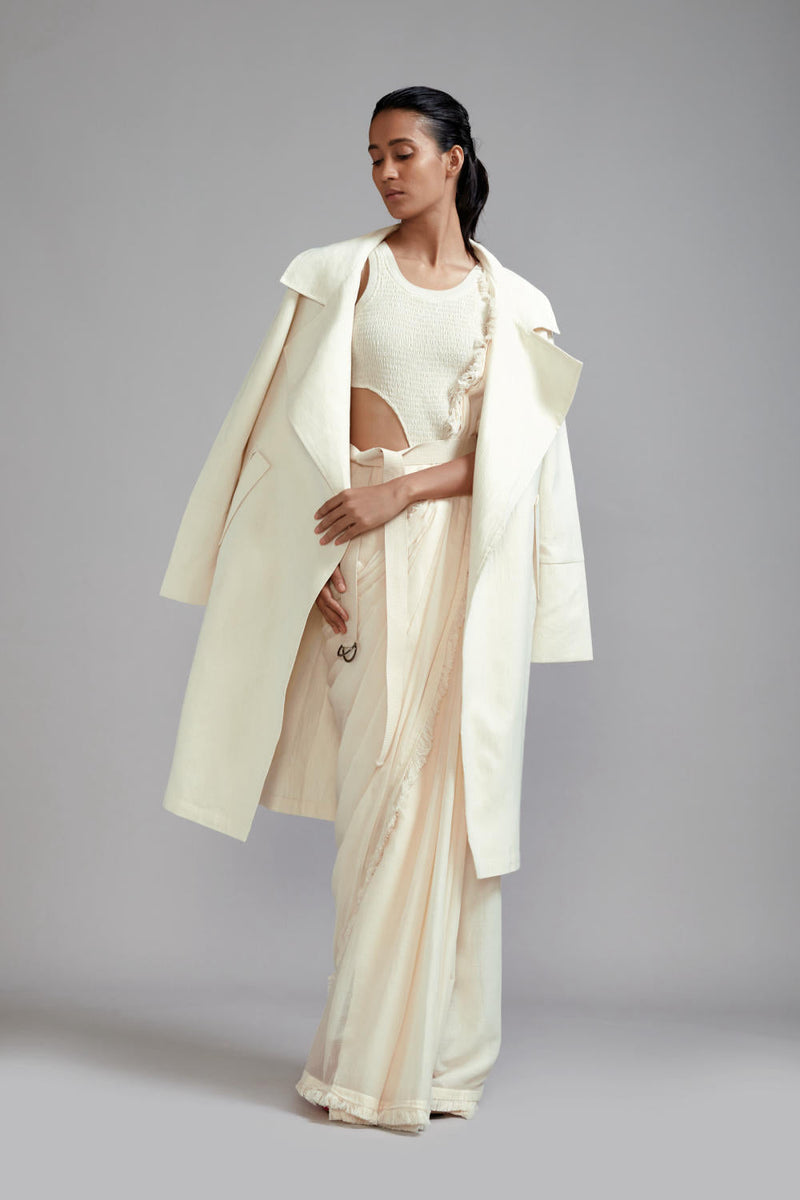 Off-White Fringed Saree-Bodysuit-Jacket Set (3 PCS) cotton Saree by Mati in white color for women Worldwide