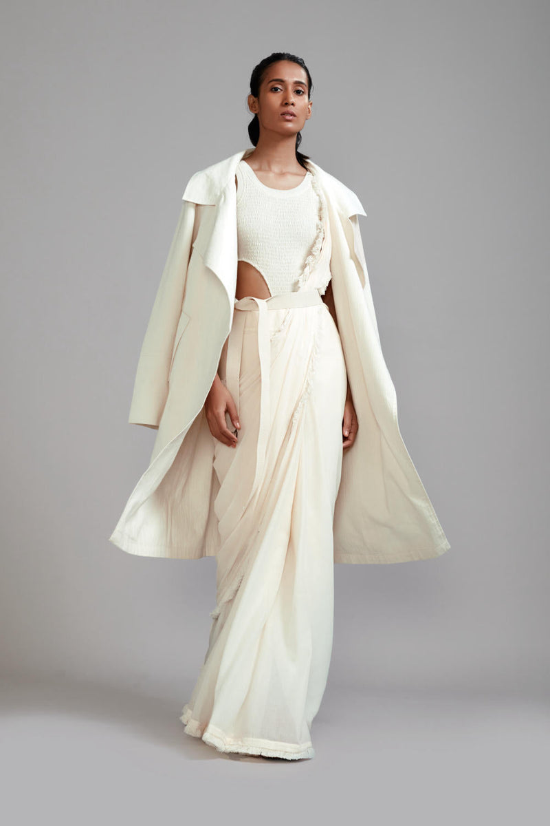Off-White Fringed Saree cotton Saree by Mati in white color for women Worldwide
