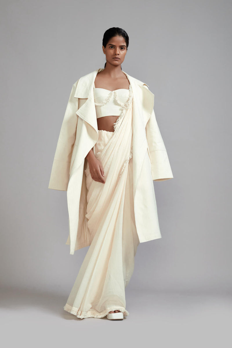 Off-White Fringed Saree-Corset-Jacket Set (3 PCS) cotton Saree by Mati in white color for women Worldwide