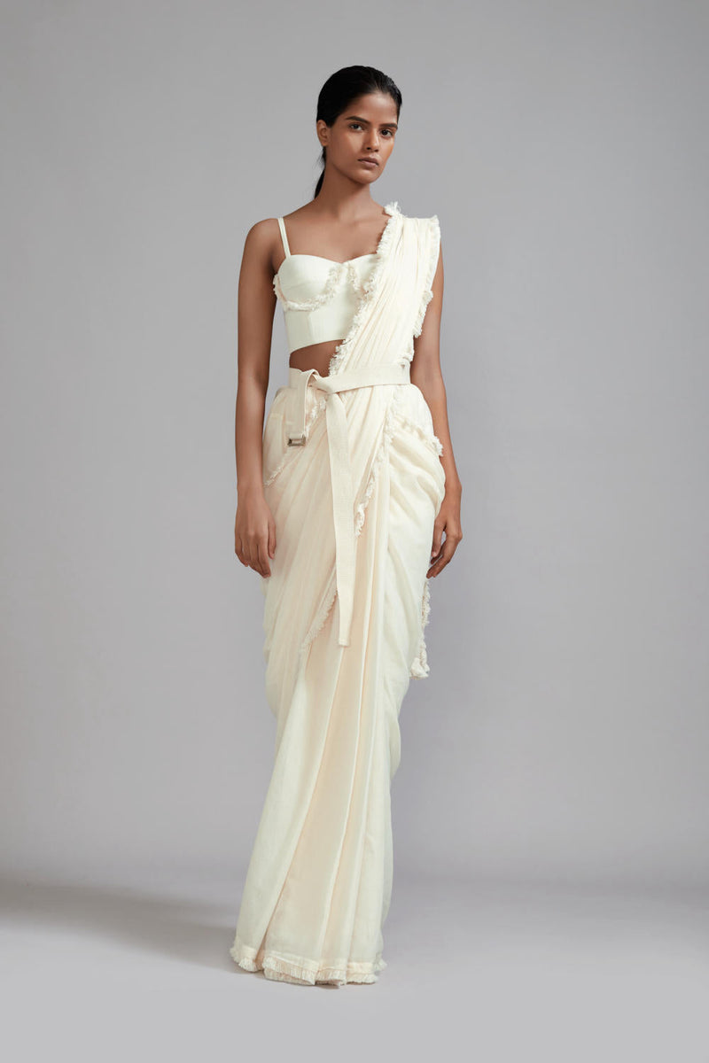 Off-White Fringed Saree cotton Saree by Mati in white color for women Worldwide