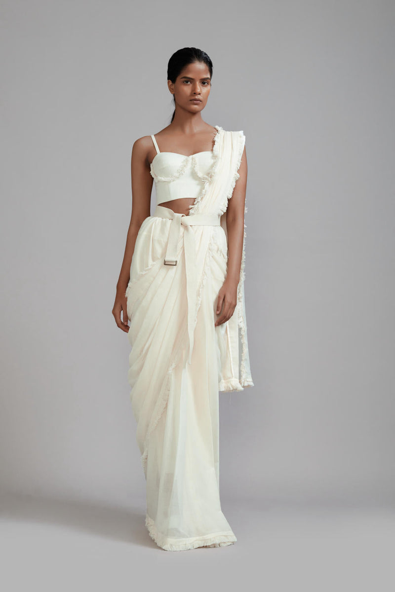 Off-White Fringed Saree cotton Saree by Mati in white color for women Worldwide