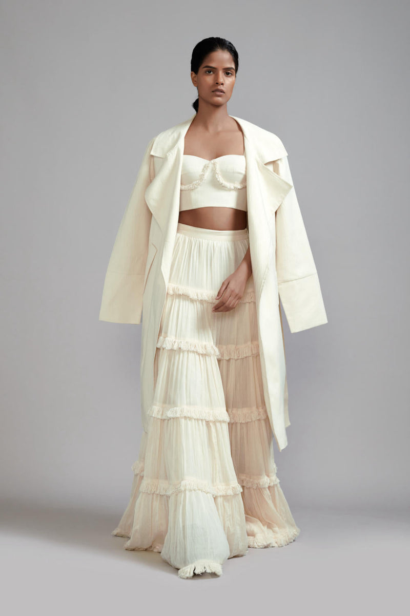 Off-White Fringed Tiered Lehenga cotton Skirts,Lehenga Sets by Mati in green color for women Worldwide