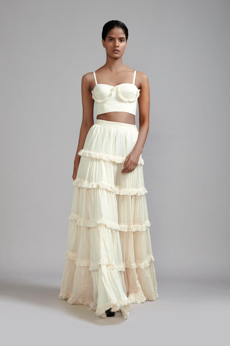 Off-White Fringed Tiered Lehenga cotton Skirts,Lehenga Sets by Mati in green color for women Worldwide