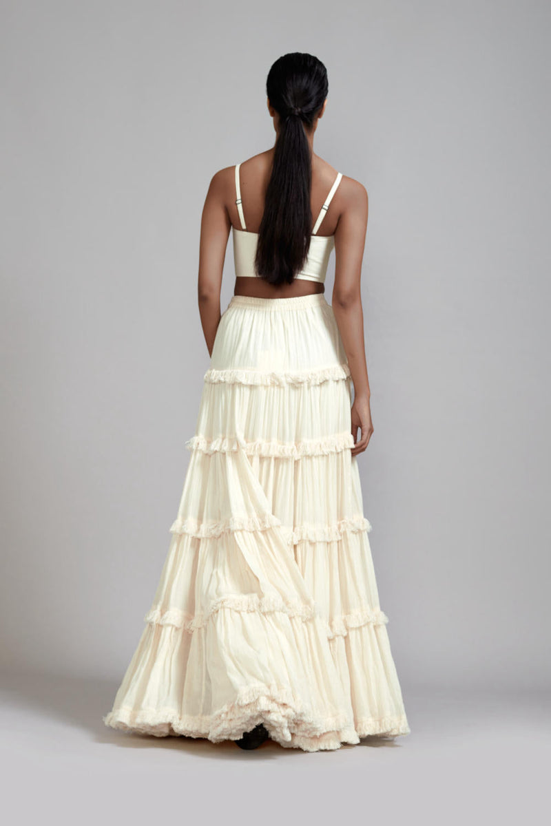 Off-White Fringed Tiered Lehenga cotton Skirts,Lehenga Sets by Mati in green color for women Worldwide