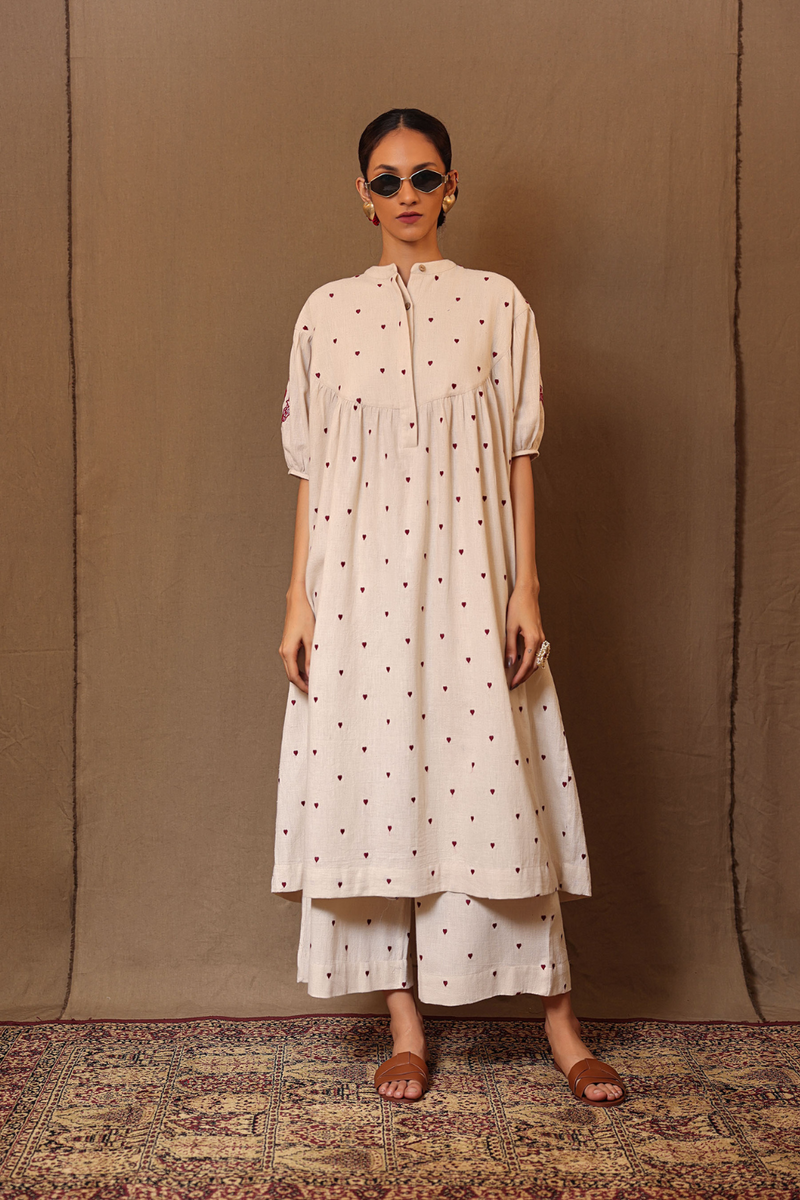 Off-White Heart EMB Acra Tunic 100% cotton by Mati in white color for women Worldwide