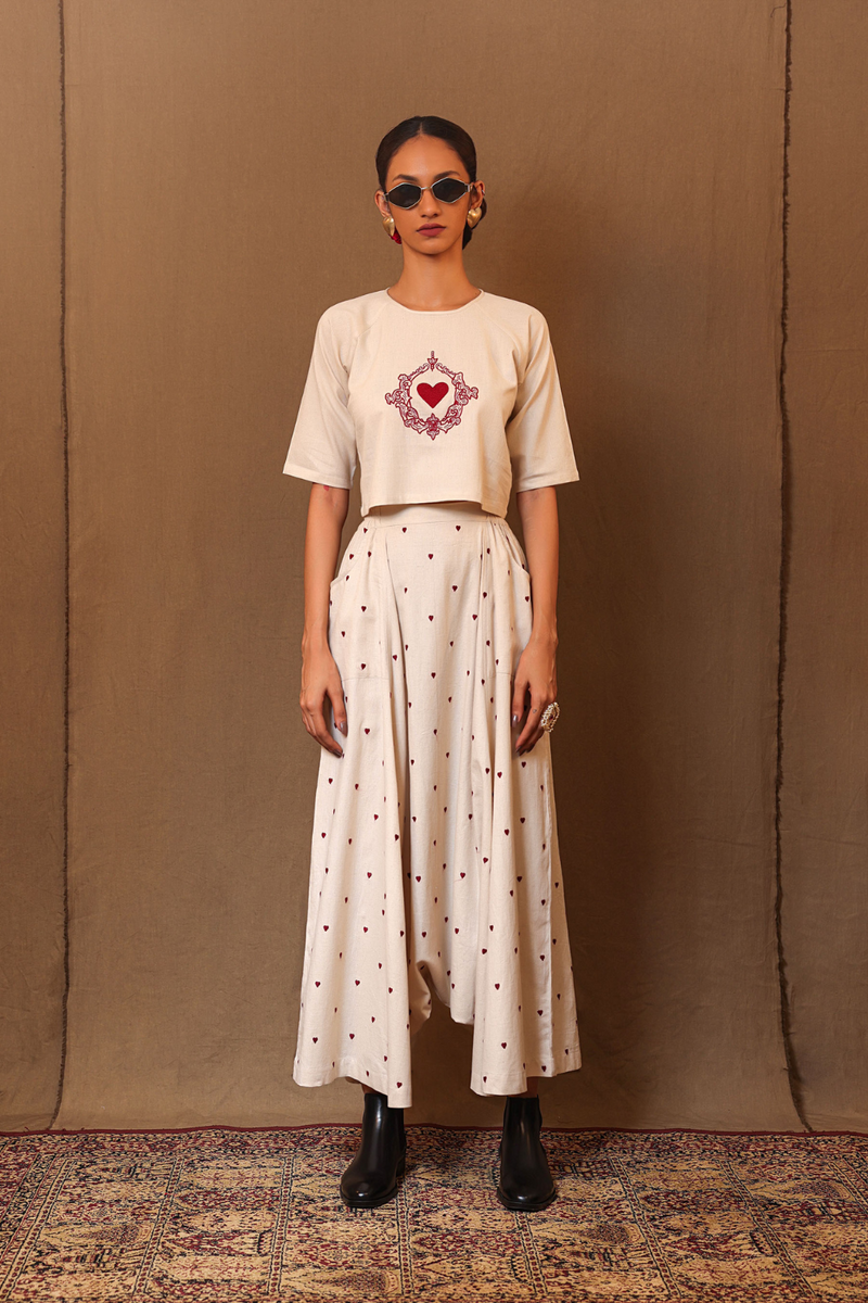 Off-White Heart EMB Harem Pants 100% cotton by Mati in white color for women Worldwide