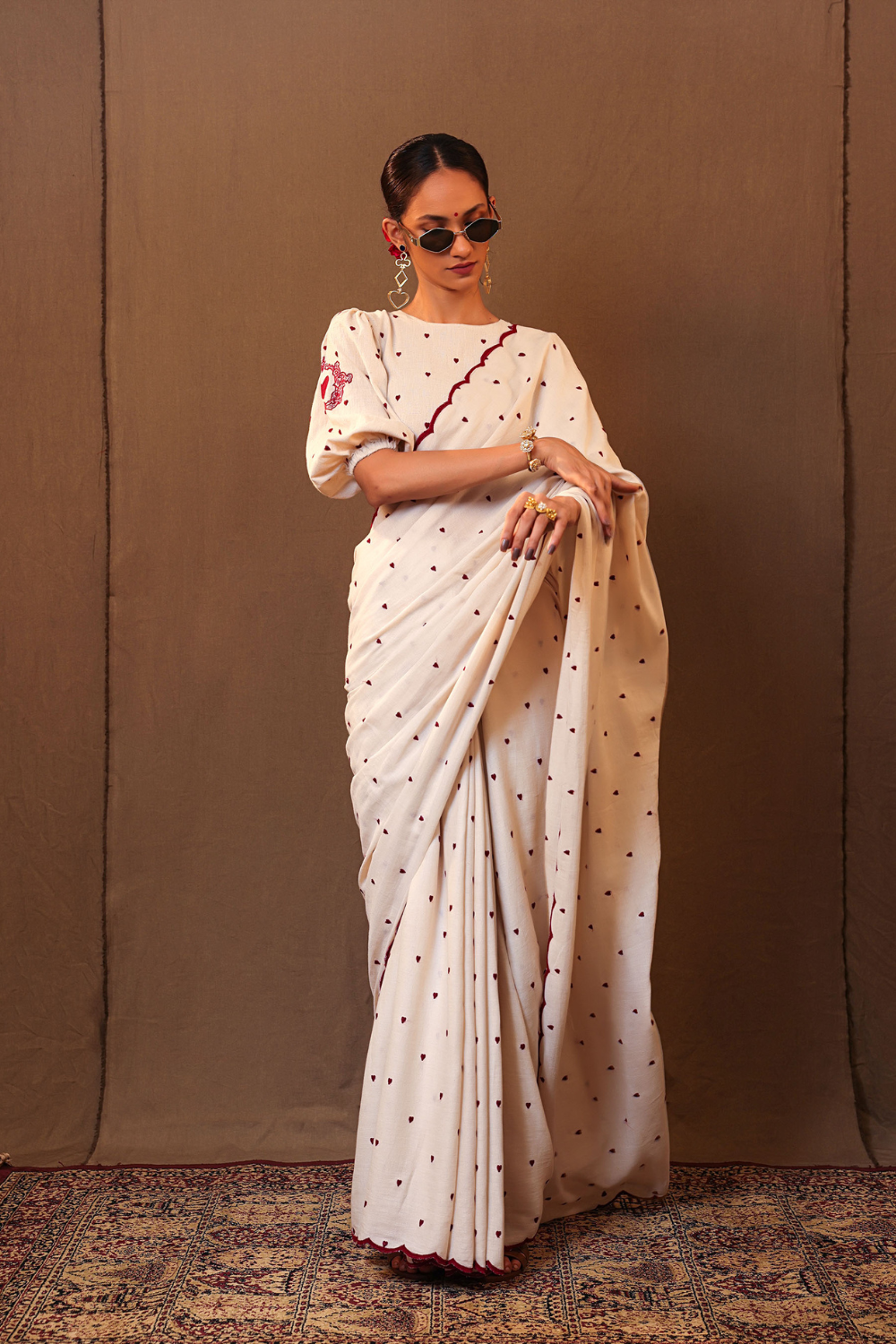 Off-White Heart EMB Saree