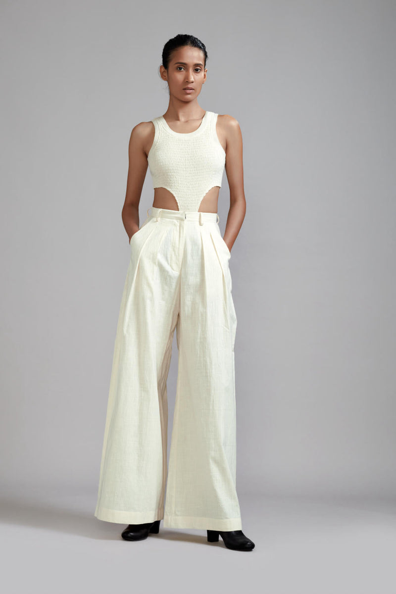 Off-White Long Pleated Trouser cotton Pants/Trousers by Mati in white color for women Worldwide