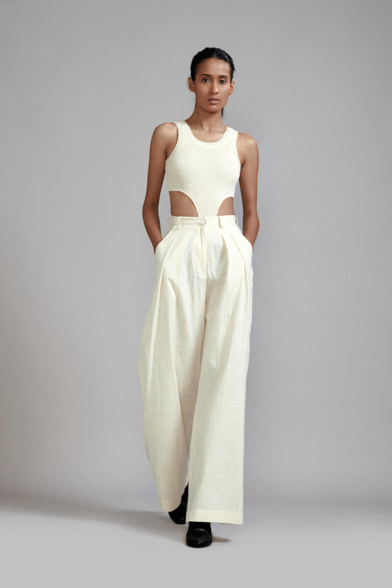 Off-White Long Pleated Trouser cotton Pants/Trousers by Mati in white color for women Worldwide