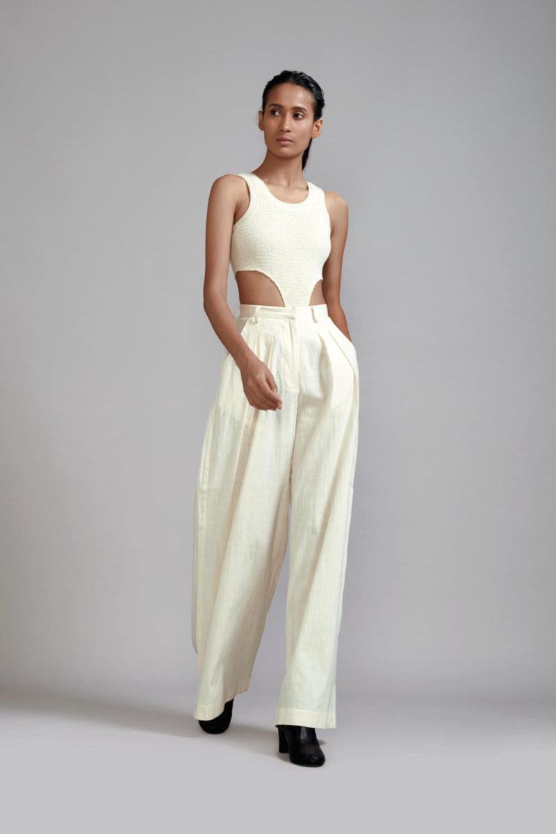 Off-White Long Pleated Trouser cotton Pants/Trousers by Mati in white color for women Worldwide