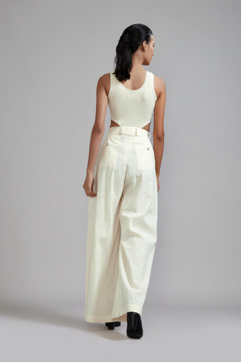 Off-White Long Pleated Trouser cotton Pants/Trousers by Mati in white color for women Worldwide