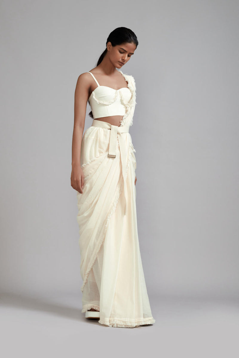 Off-White Saree & Fringed Corset Set (2 PCS) cotton Saree by Mati in white color for women Worldwide