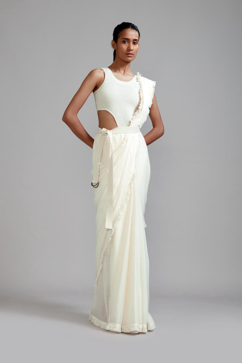 Off-White Saree & Smocked Bodysuit Set (2 PCS) cotton Saree by Mati in white color for women Worldwide