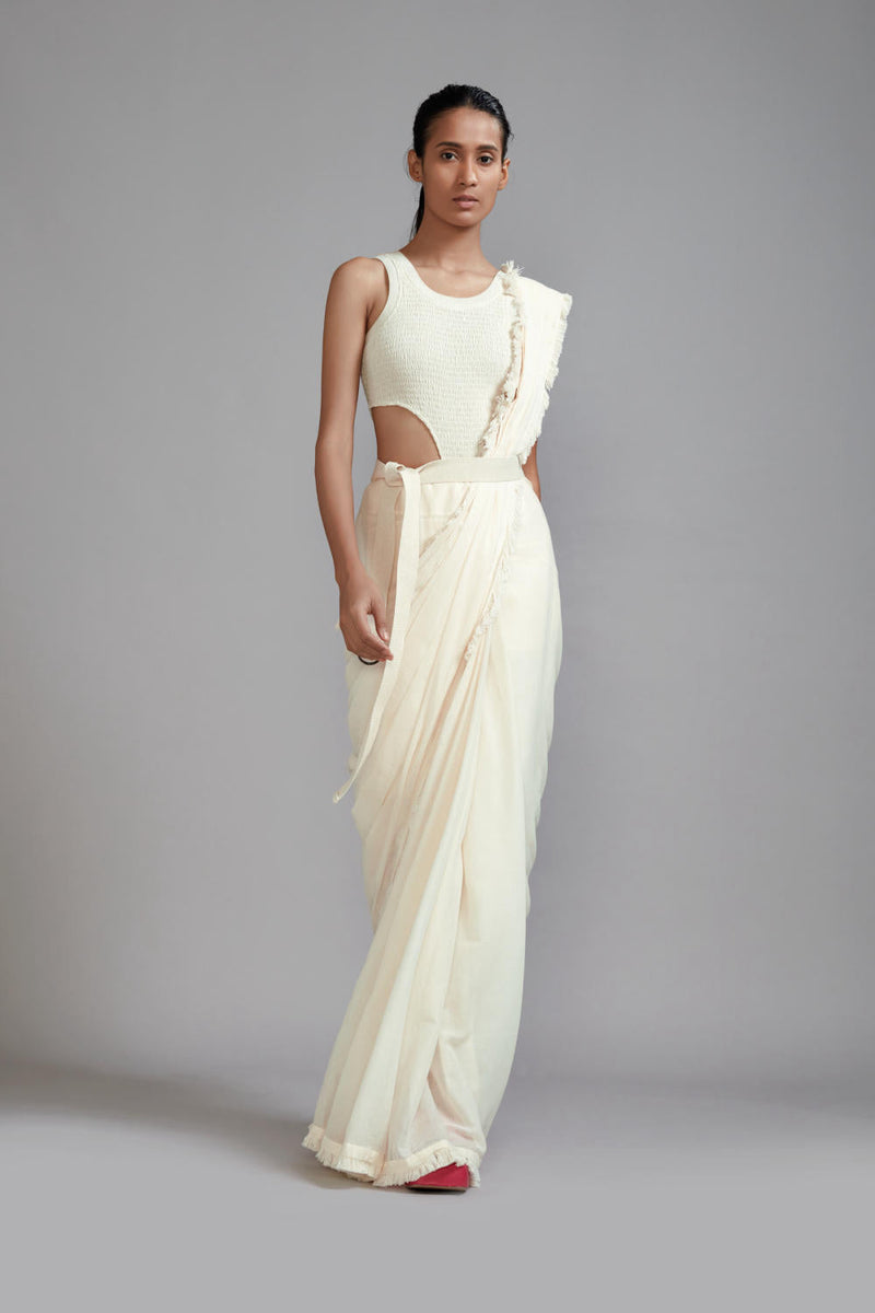 Off-White Saree & Smocked Bodysuit Set (2 PCS) cotton Saree by Mati in white color for women Worldwide