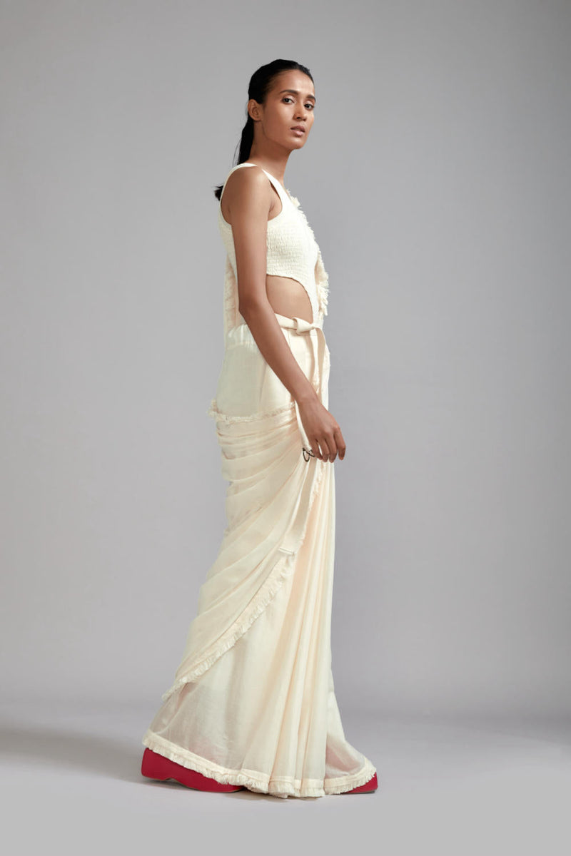 Off-White Saree & Smocked Bodysuit Set (2 PCS) cotton Saree by Mati in white color for women Worldwide