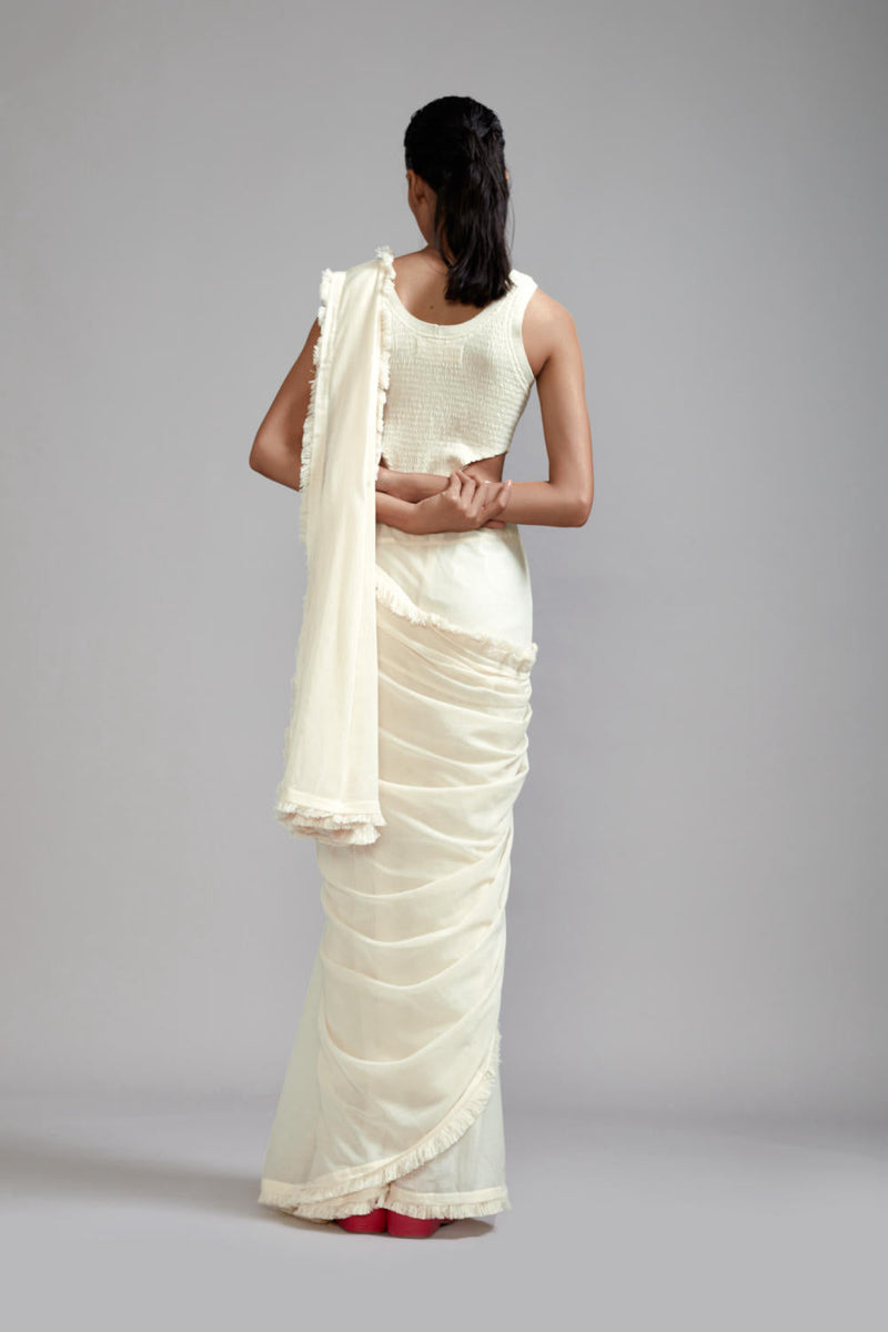 Off-White Saree & Smocked Bodysuit Set (2 PCS) cotton Saree by Mati in white color for women Worldwide