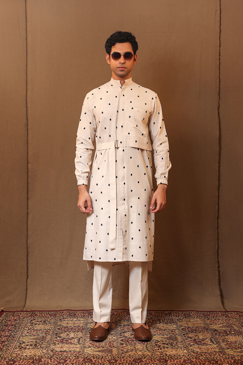 Off-White Spade EMB Belted Kurta