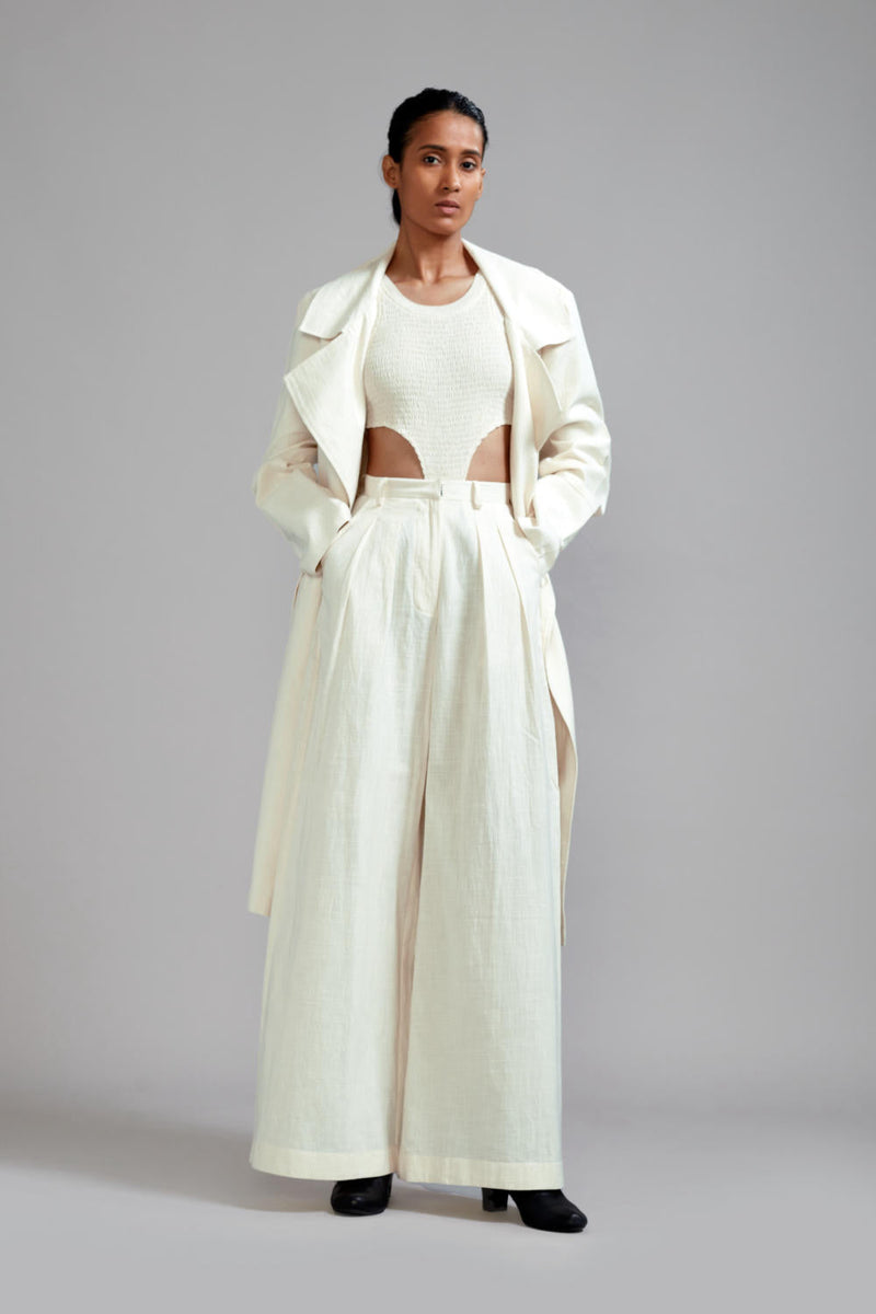 Off-White Trench Jacket Set (3 PCS) cotton Co-ord Sets by Mati in white color for women Worldwide