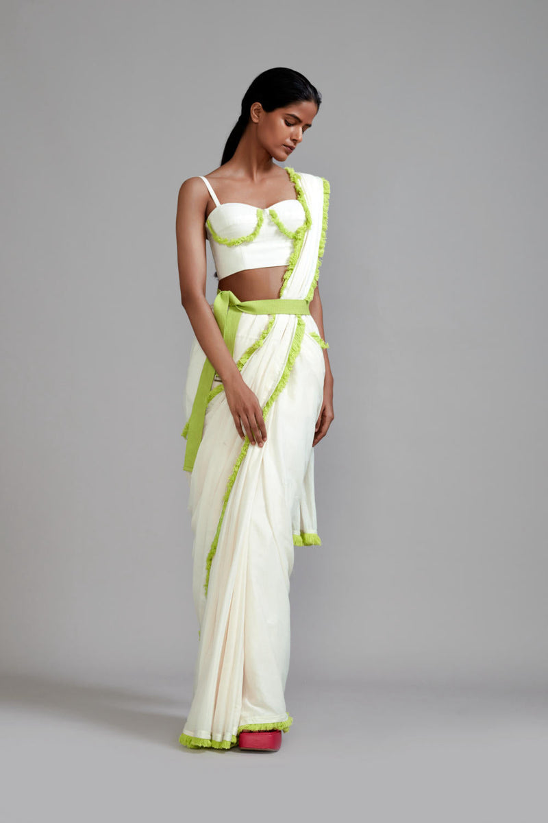 Off-White with Neon Green Saree & Smocked Bodysuit Set (2 PCS) cotton Saree by Mati in green color for women Worldwide