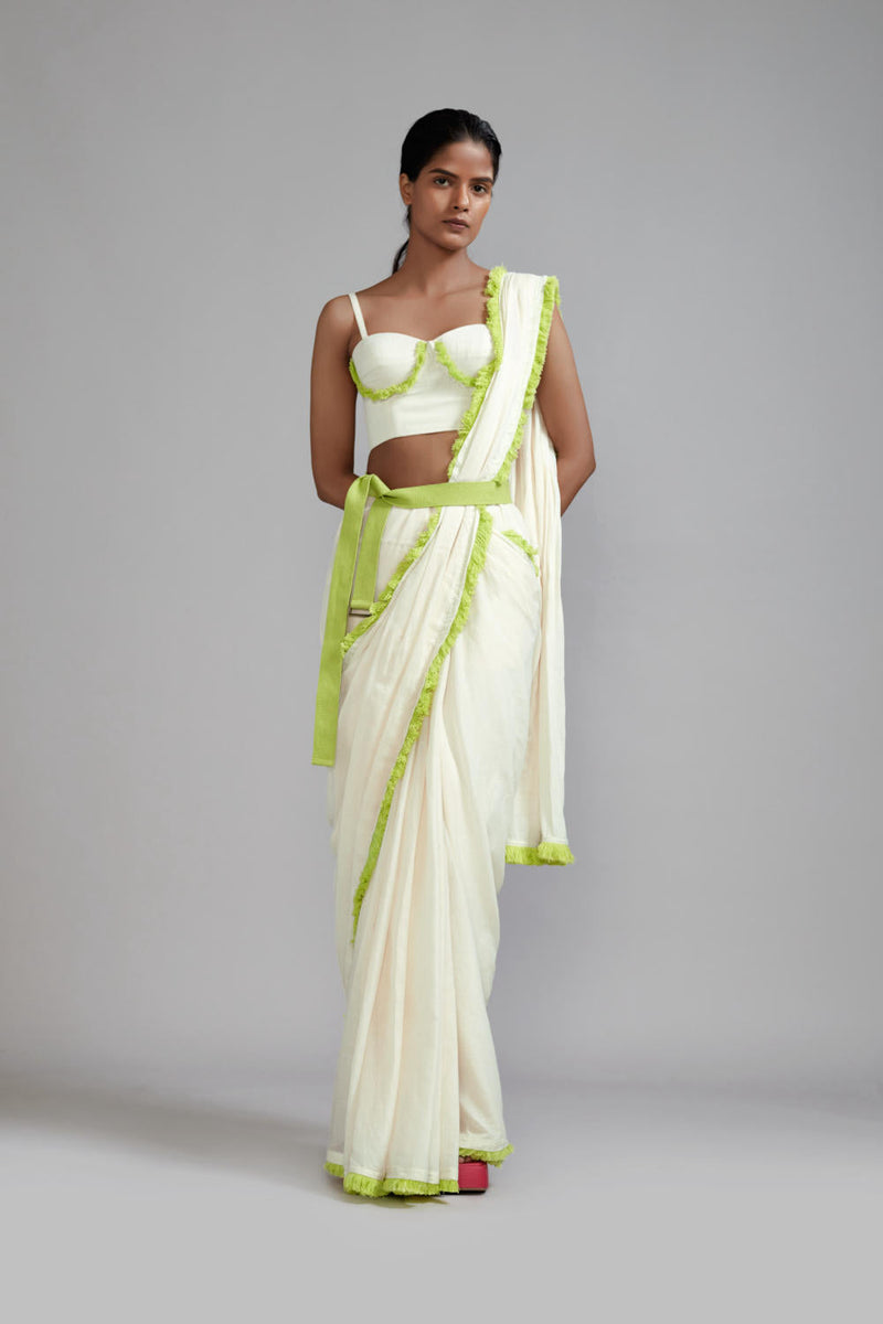 Off-White with Neon Green Fringed Saree cotton Saree by Mati in green color for women Worldwide