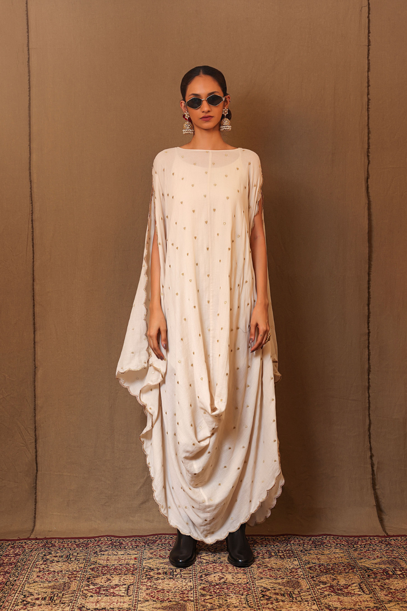 Off-White Zari Heart EMB Cowl Dress 100% cotton by Mati in white color for women Worldwide