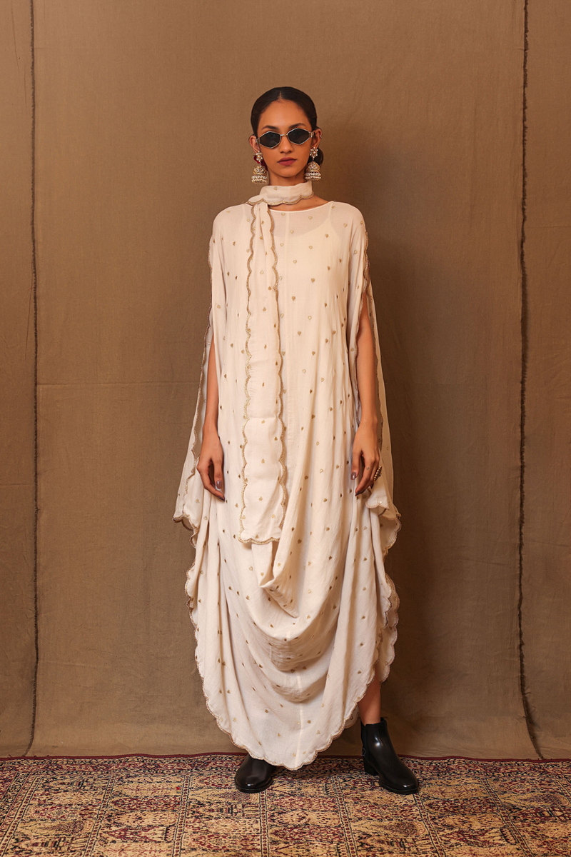 Off-White Zari Heart EMB Cowl Dress & Stole (3 PCS) 100% cotton by Mati in white color for women Worldwide
