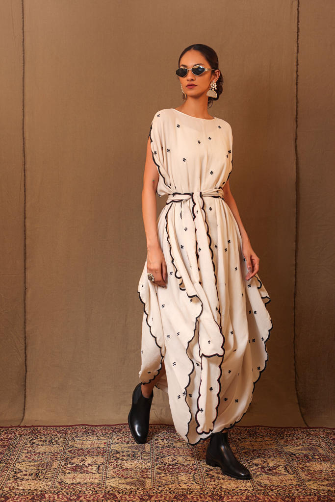 Off-White Black Club EMB Cowl Dress & Stole (3 PCS) 100% cotton by Mati in white color for women Worldwide