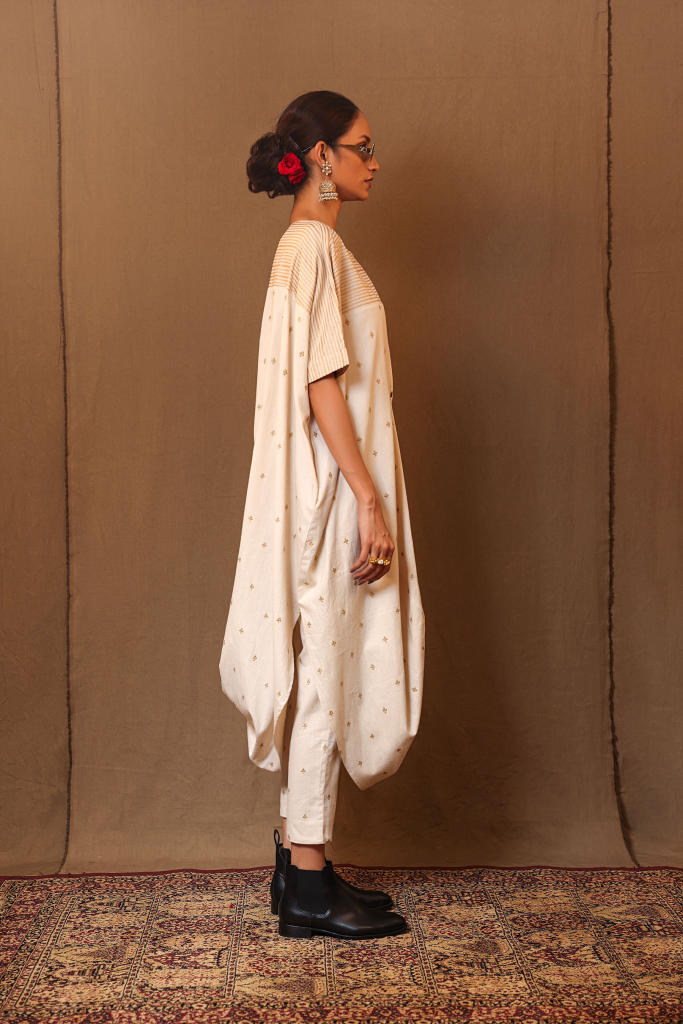 Off-White Club STR Button Cowl Tunic 100% cotton by Mati in white color for women Worldwide
