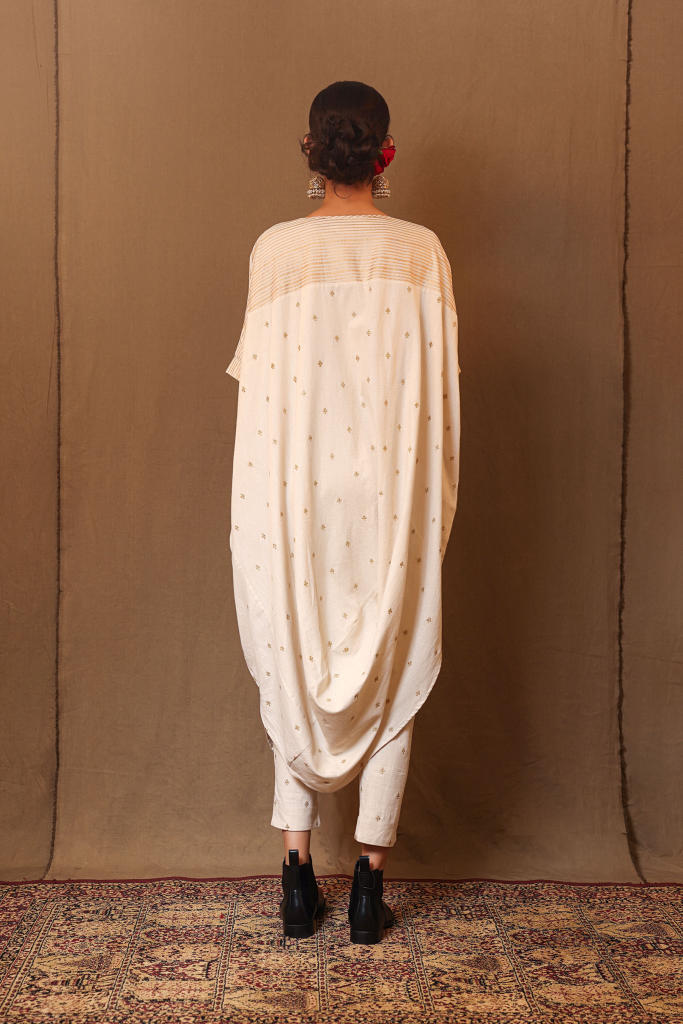 Off-White Club STR Button Cowl Tunic 100% cotton by Mati in white color for women Worldwide