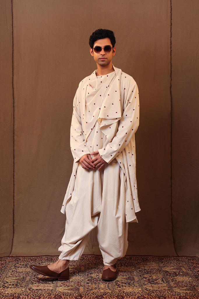 Off-White Heart EMB Men's Short Kurta