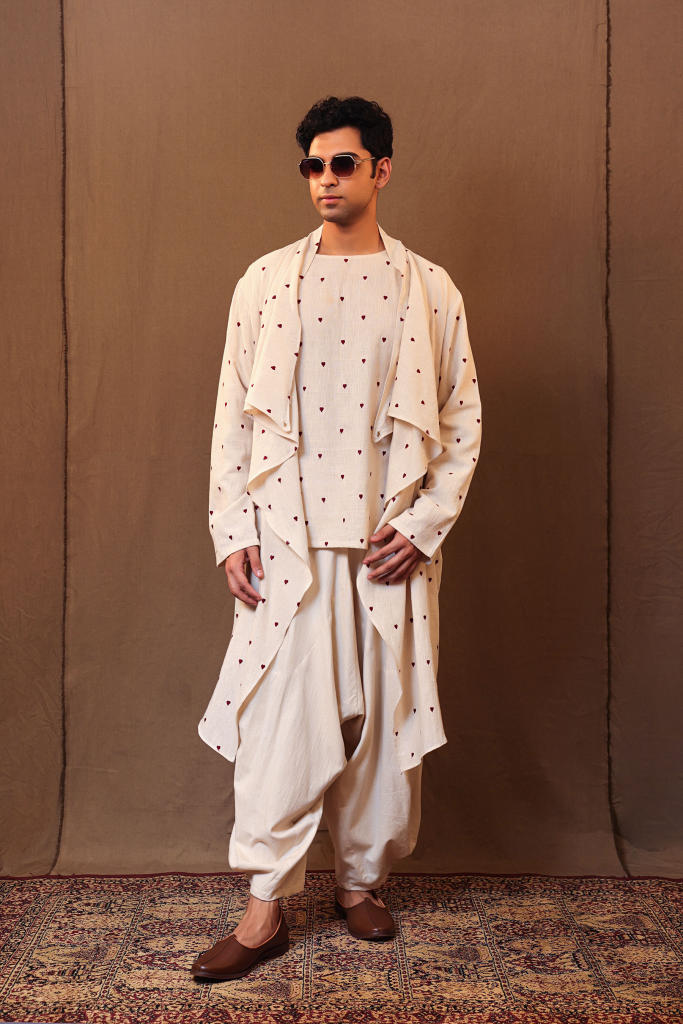 Off-White Heart EMB Men's Short Kurta