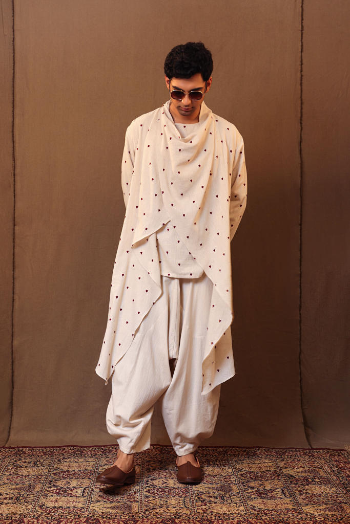 Off-White Heart EMB Men's Short Kurta