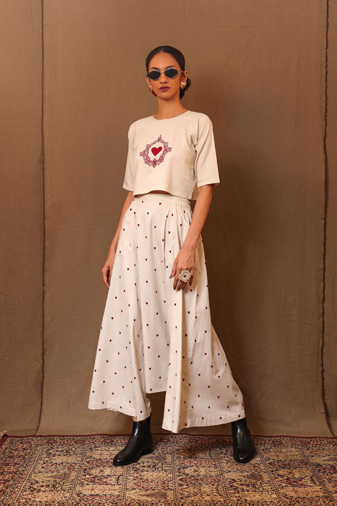 Off-White Heart EMB Harem Pants 100% cotton by Mati in white color for women Worldwide