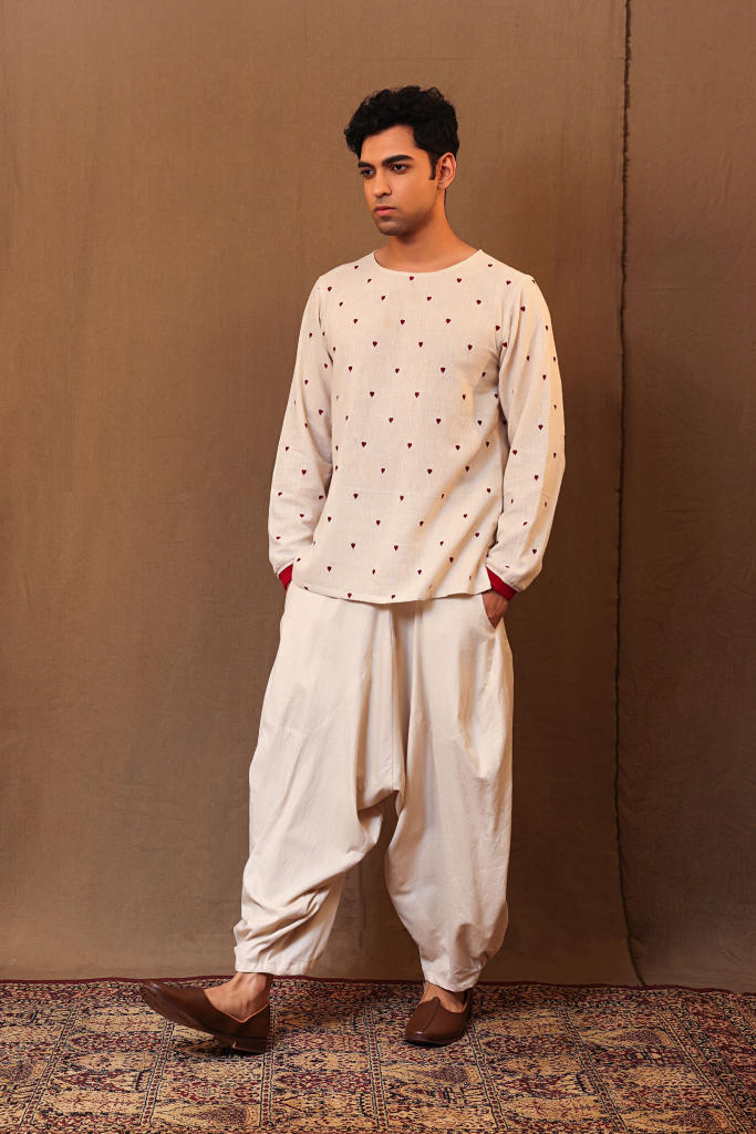 Off-White Heart EMB Kurta Baggy Set (2 PCS)