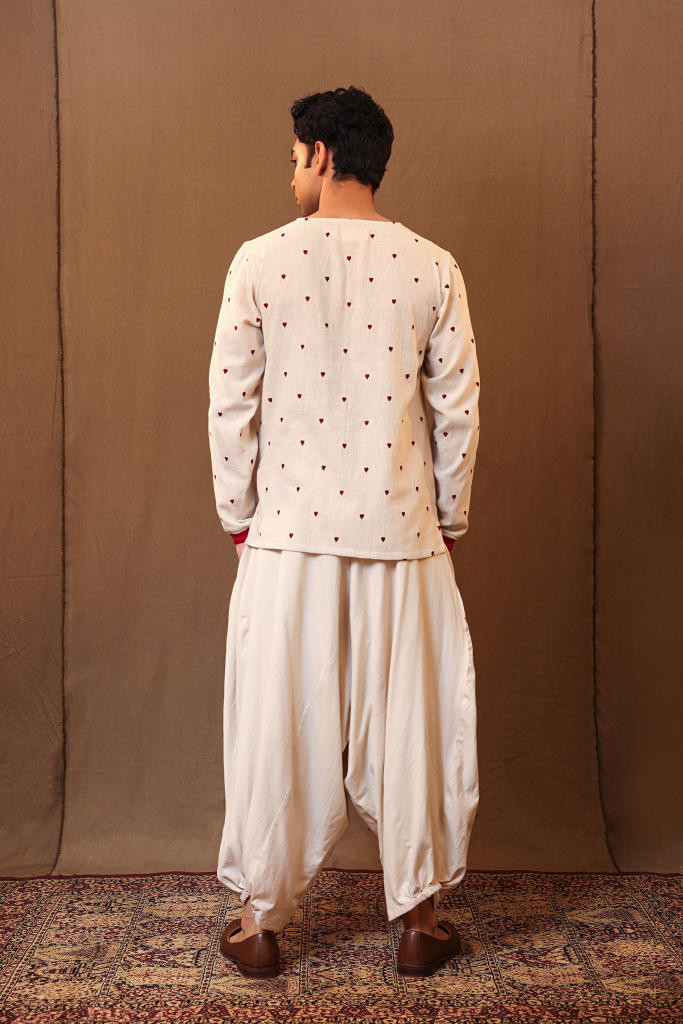 Off-White Heart EMB Kurta Baggy Set (2 PCS)