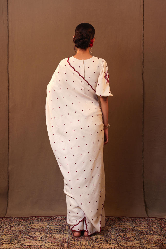 Off-White Heart EMB Saree 100% cotton by Mati in white color for women Worldwide