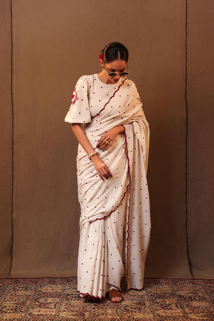 Off-White Heart EMB Saree 100% cotton by Mati in white color for women Worldwide