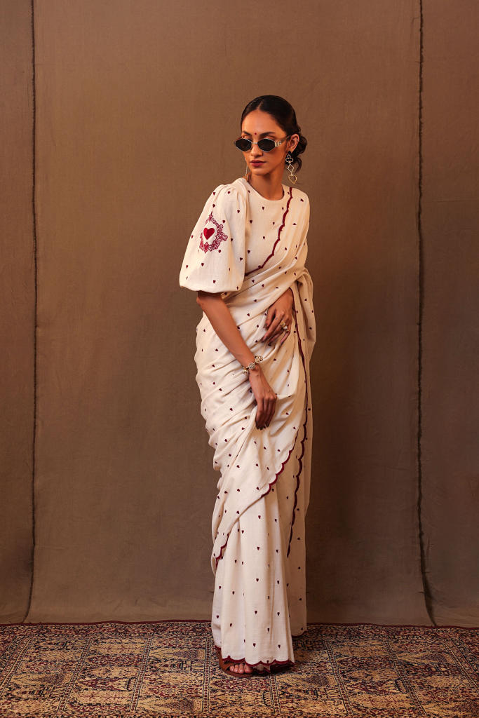 Off-White Heart EMB Saree 100% cotton by Mati in white color for women Worldwide