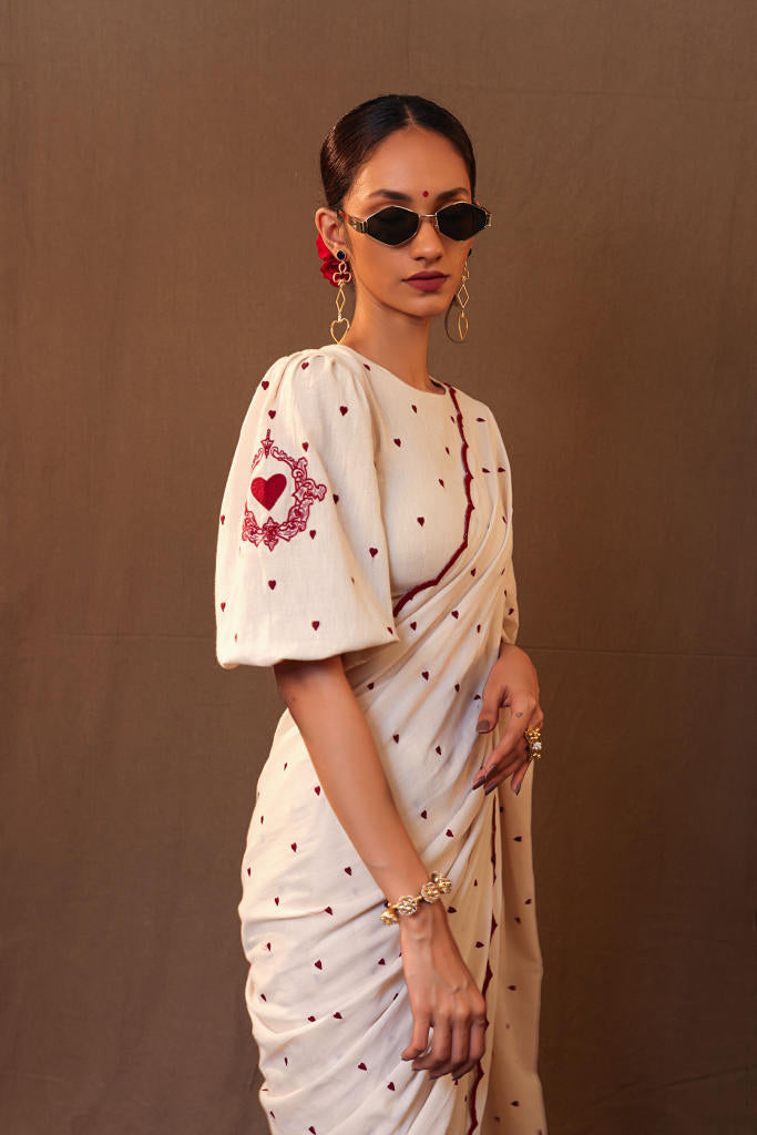 Off-White Heart EMB Saree 100% cotton by Mati in white color for women Worldwide