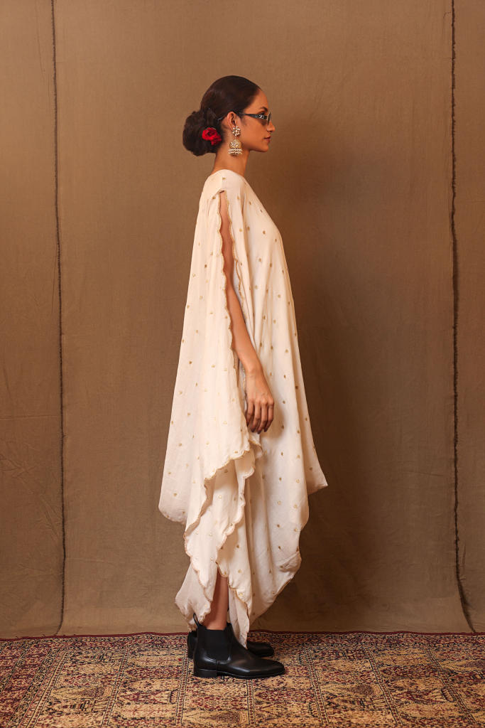 Off-White Zari Heart EMB Cowl Dress 100% cotton by Mati in white color for women Worldwide