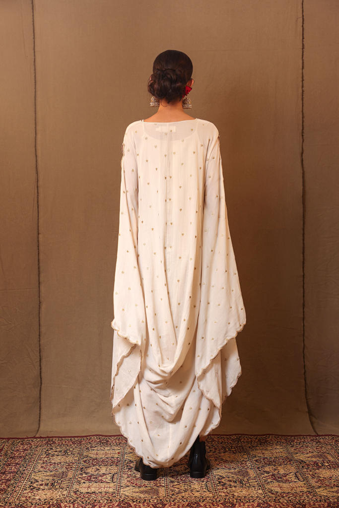 Off-White Zari Heart EMB Cowl Dress 100% cotton by Mati in white color for women Worldwide