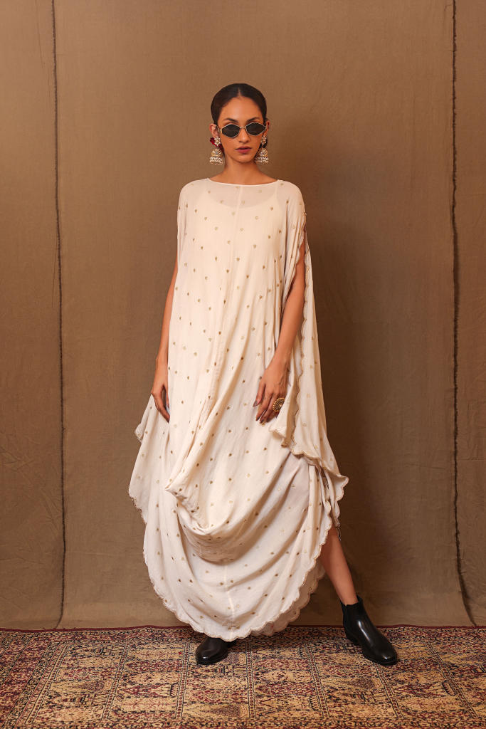 Off-White Zari Heart EMB Cowl Dress 100% cotton by Mati in white color for women Worldwide